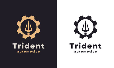 Trident Trisula Gear Logo. Suitable for Mechanical Automotive Marine Ship and Sea Symbol