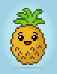 8 bit pixel of pineapples. Fruits for game assets and cross stitch patterns in vector illustrations.