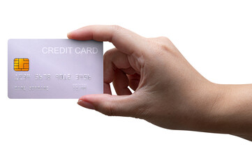 A close-up woman's hand holds a silver platinum credit card isolated on white background.