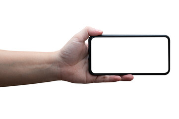 Woman's hand holding a phone isolated.