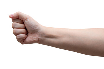 Woman showing fist hand isolated on a white background.