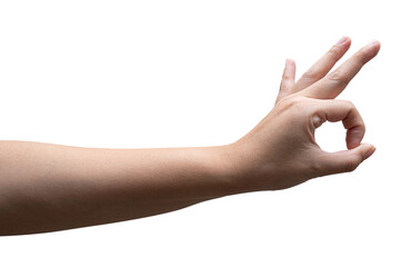 Woman hand showing ok sign isolated on white background.