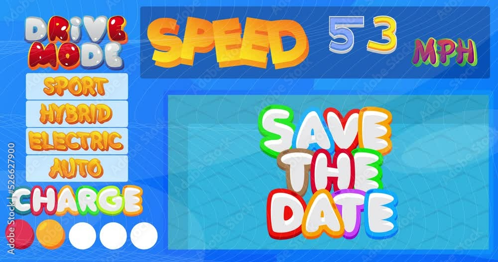 Poster cartoon car dashboard with save the date text. digital graphical user interface animation.