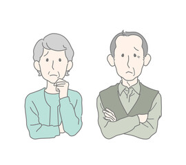 不安そうな表情のおじいさんとおばあさん　シニア夫婦　困る　悩む　不満