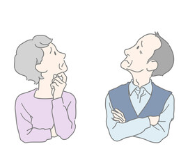 上を向いて悩むシニア夫婦　おじいさん　おばあさん　悩む　考え込む　心配　想像