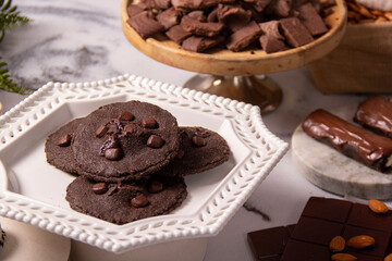 Chocolate cookies in display for pastry. Keto recipe healthy food