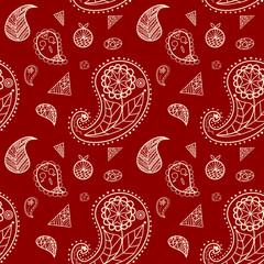 Naklejka premium Abstract mandalas paisley pattern for wallpaper, red background, carpet, textile, fashion clothing, wrapping, batik, fabric, vector illustration