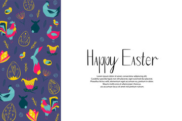Easter banner for website. Folk easter in maximalist colors. Cute spring and easter elements. Violet color. Easter lettering