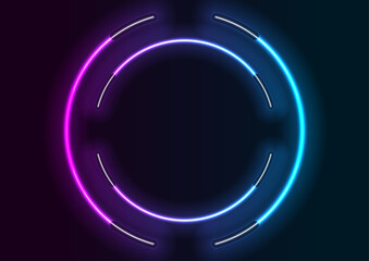 Abstract blue ultraviolet neon circles frame from fluorescent lamps. Sci-fi retro vector design