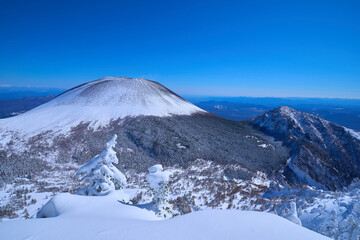 冬の長野県と群馬県の県境にある浅間山を黒斑山(くろふやま)山頂から眺める