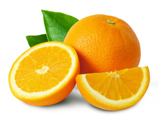 Ripe oranges have leaves and halves, split on a white background with clipping path.