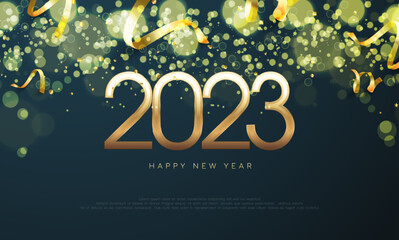 Fototapeta na wymiar 2023 happy new year background design with shiny luxury gold numbers.