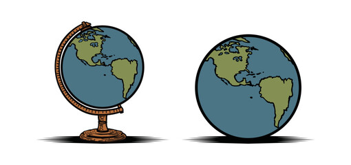 Earth globe Illustration Hand-drawn Symbol Logo Vector. globes of Earth. world Globe isolated on white background.