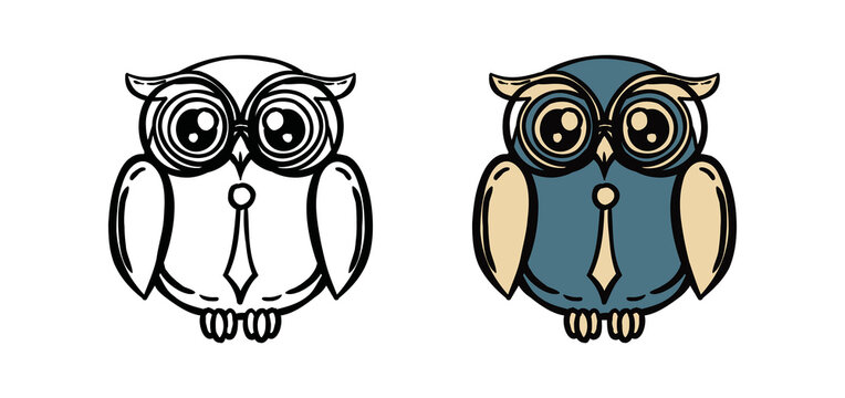 Cute Smart Owl Bird Wearing Glasses Illustration Hand-drawn Symbol Icon Logo Mascot Vector