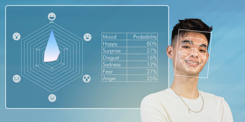 Emotion detection and recognition AI or affective computing concept. Computer vision technology analyzing facial cues and expressions. Used on a happy young man to assess emotional state probability.