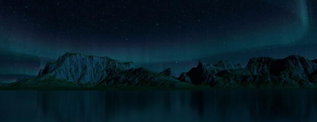 Majestic Sky with Aurora and Stars. Green Northern Lights Background with copy-space.