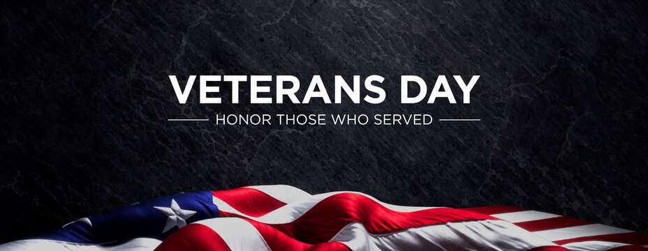 Premium Banner for Veterans Day with American Flag and Black Stone Background.