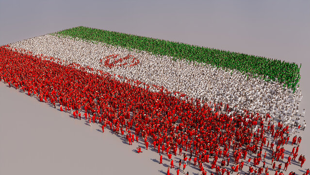 Iranian Flag formed from a Crowd of People. Banner of Iran on White.