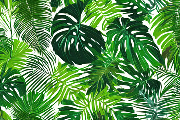 Tropical rainforest jungle botanical foliage pattern with palm leaves, ferns, flowers and other exotic jungle plants, green turquoise teal colors, flat illustration design