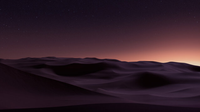Rolling Sand Dunes form a Scenic Desert Landscape. Sunrise Wallpaper with Warm Gradient Starry Sky.