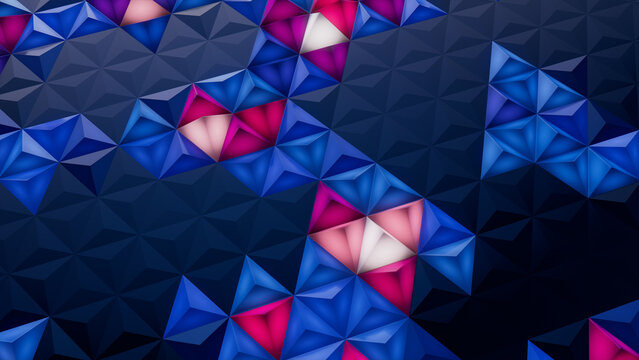 Illuminated, Blue and Pink Abstract Surface with Tetrahedrons. High Tech, Colorful 3d Wallpaper.