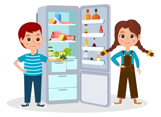 Children are standing near the refrigerator with food.An open refrigerator with food and drinks.Vector illustration.