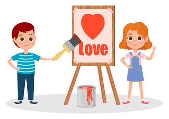 The boy confesses his love to the girl.A young artist draws a heart for a girl.Vector illustration.