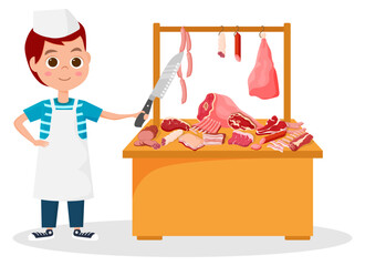 The boy in the butcher shop.Meat products on the counter and a young seller.Vector illustration.