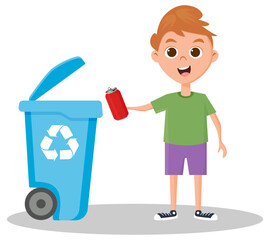 The boy throws out the garbage.Careful treatment of the environment.Vector illustration.