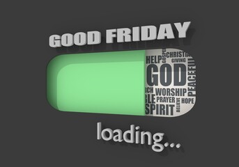 Progress bar or loading bar with christianity religion relative tags cloud. Good friday text. 3D render