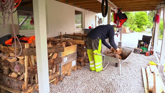 Man standing under his balcony and throwing freshly cut firewood into boxes for drying and storing before winter