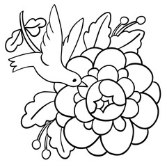 bird flower black white line art illustration