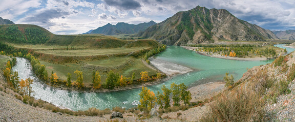 Panoramic mountain landscape, confluence of two rivers, autumn view