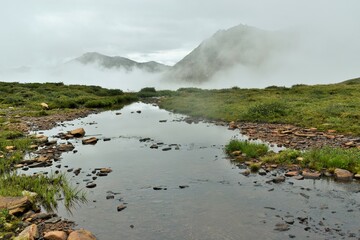 Mountains in morning fog