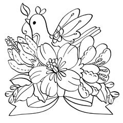 bird flower black white line art decorative illustration
