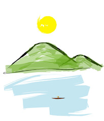 illustration of a landscape with lake, mountain, sun ,and a person in the boat. 