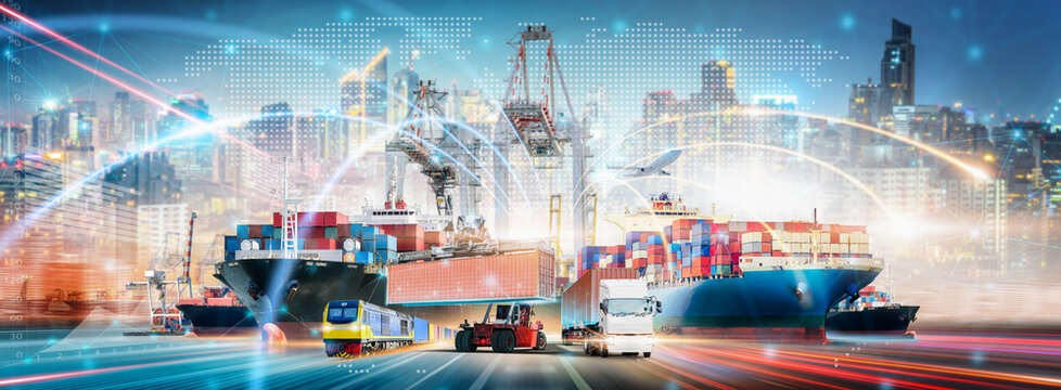 Global Business Network Distribution and Technology Digital Future of Cargo Containers Logistics Transport Concept, Double Exposure of Freight Ship, Modern Futuristic Transportation Import Export