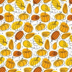 Seamless Pumpkin pattern. Hand drawn autumn vector backdrop. Thanksgiving or Halloween holidays sketch design. Repeated vector illustration for wallpaper, wrapping paper, textile, scrapbooking.