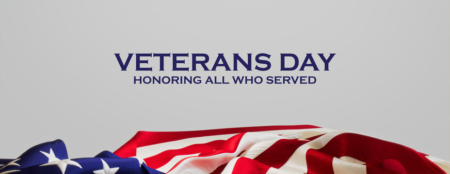 Veterans Day Banner with American Flag and White Background.