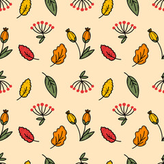 Seamless autumn background for sewing clothes and printing on fabric. Endless wallpaper. Vector doodle illustration. Leaf fall.