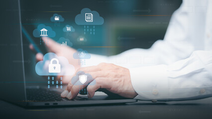 businessman using laptop Login to cyberspace through secure online technology and password protection and authentication to authenticate privacy,access to cybersecurity information.
