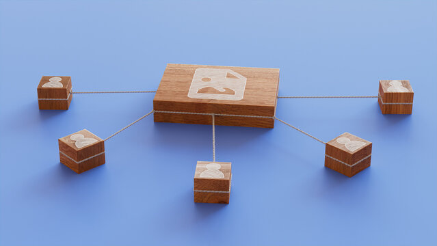 Image Technology Concept with picture Symbol on a Wooden Block. User Network Connections are Represented with White string. Blue background. 3D Render.