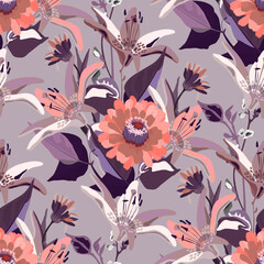 Vector floral seamless pattern with purple and coral colored flowers.