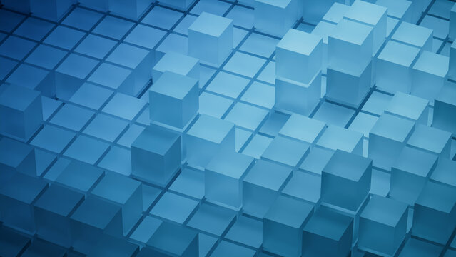 Blue, Translucent Cubes Neatly Arranged to create a Innovative Tech Background. 3D Render.