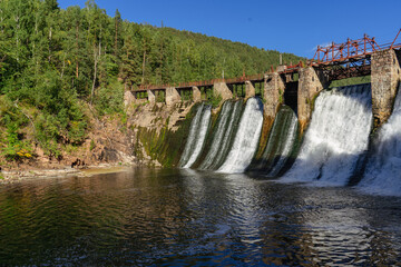 Dam. Waterfall. Natural historical complex "Thresholds". Chelyabinsk region. River "Bolshaya Satka"