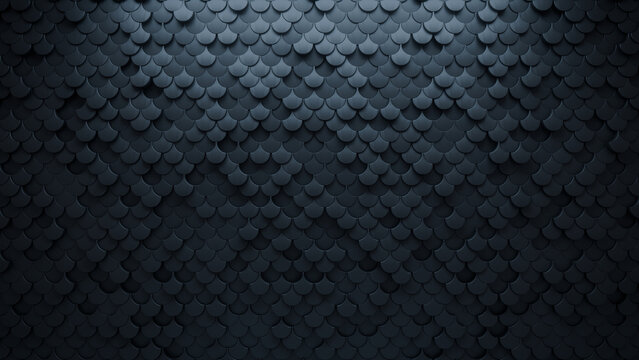 Polished, Futuristic Wall background with tiles. Black, tile Wallpaper with 3D, Fish Scale blocks. 3D Render