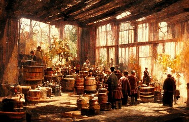 Fototapeta na wymiar People working in a warehouse with sake barrels.