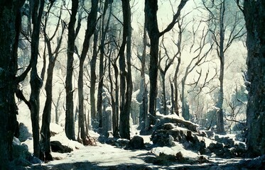 Scene of snow falling in a rough forest.