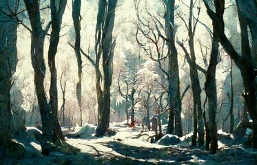 Scene in a winter forest with snow on the ground.