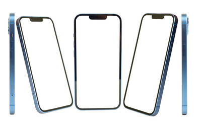Empty screen smartphone with tilt and front angle isolated on white background, touchscreen empty screen phone 